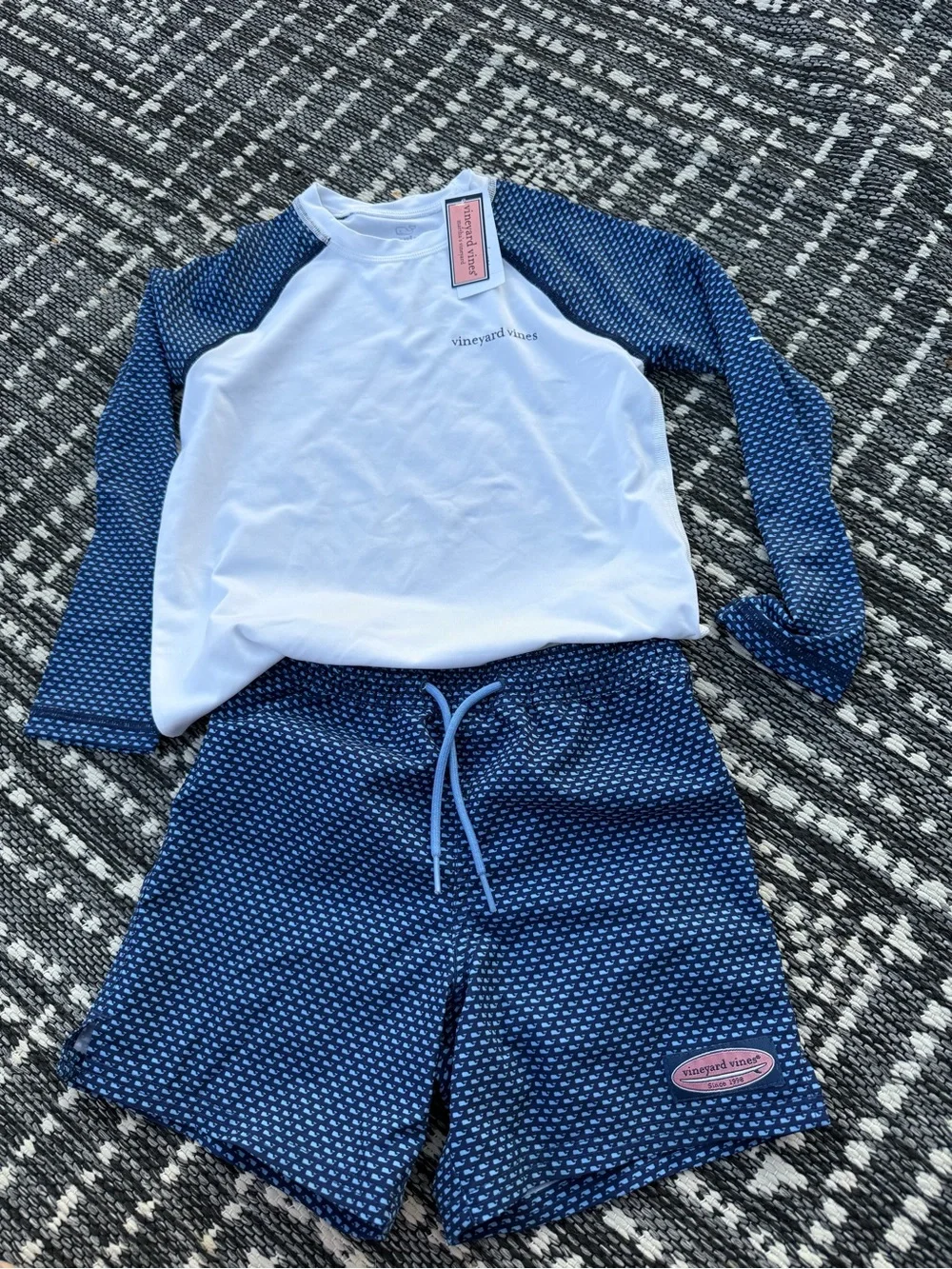 Vineyard Vines Boys Blue White Rash Guard & Swim Shorts Set